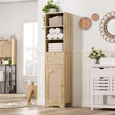 Vabches 67''H Bathroom Storage Cabinet with Rattan Doors and Slide storage, Tall narrow standing Tower Cabinet with Adjustabl...