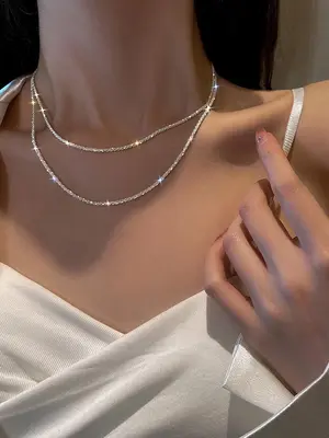 Elegant Artificial Diamond Chain Necklaces for Women, Luxury Sparkling Rhinestones Decor Chain Necklaces, Fashion Matching Je...
