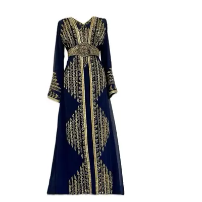 Lovely Gold Beads Chiffon Kaftan - Navy Blue with Gold Embellishments and Long Sleeves