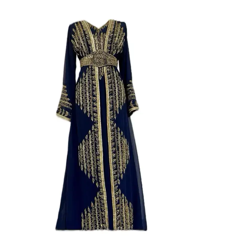 Lovely Gold Beads Chiffon Kaftan - Navy Blue with Gold Embellishments and Long Sleeves