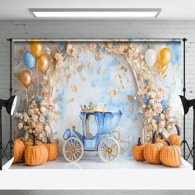 Aperturee Autumn Floral Carriage Pumpkin Cake Smash Backdrop - Aperturee