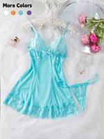 Women's 2pcs Bow Front Contrast Lace Cami Nightdress & Thong Set, Elegant Sexy Adjustable Spaghetti Strap Nightgown for All S...