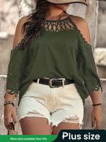 【Plus Size】 Solid Color Hollow Out Blouse without Bottom, Elegant Fashion Casual Cold Shoulder Top for Daily Holiday Vaca...