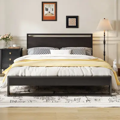 HOOMIC Metal Bed Frame with Rustic Headboard & Footboard, Sturdy DesignăFrame Only No Mattressă, No Box Spring Required, ...