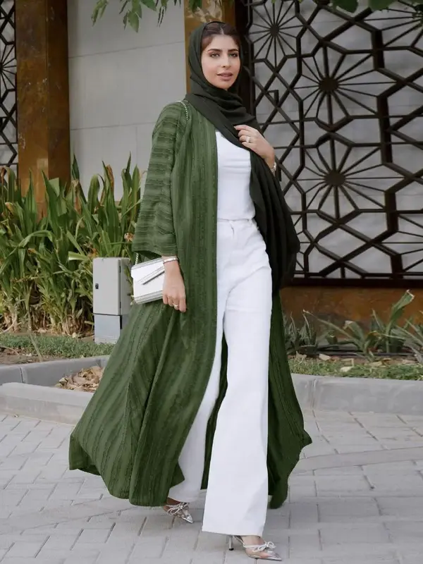Women's Solid Long Sleeve Open Front Abaya, Elegant Casual Muslim Clothing for Daily Wear, Ladies Islamic Clothing for Spring...