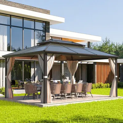 EROMMY Hardtop Gazebo, Outdoor Polycarbonate Double Roof Canopy, Aluminum Frame Permanent Pavilion with Curtains and Netting,...