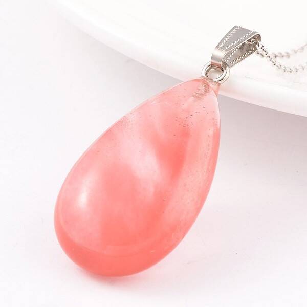 Teardrop Platinum Tone Brass Cherry Quartz Glass Pendants