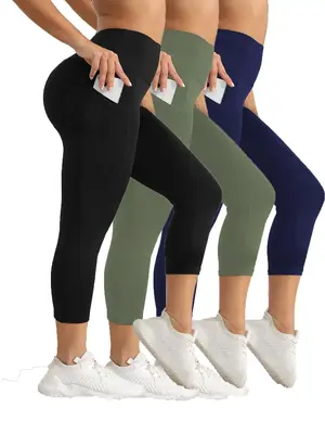 Women's Solid High Waist Sports Leggings, Breathable Comfortable Pocket Skinny Capris Pants, Ladies Sportswear for Indoor Out...
