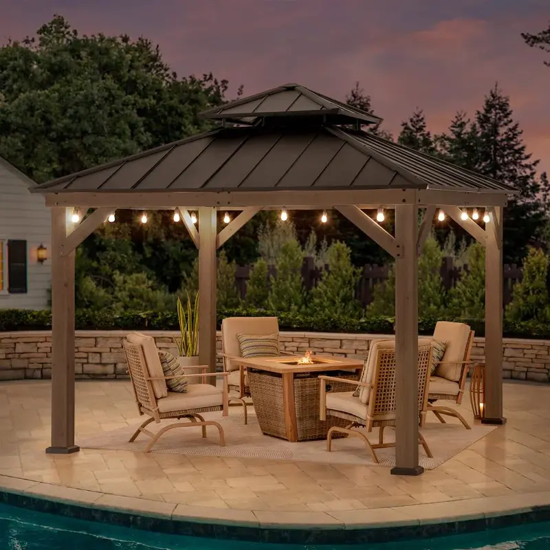 SUNJOY 11x11 Wooden Frame Backyard Hardtop Gazebo with Ceiling Hook - Upgrade Weathered Cedar