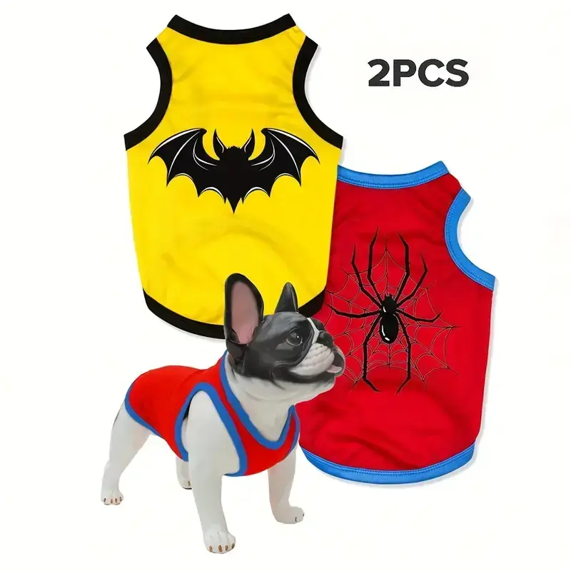 2 Pack Spider and Bat Print Pet Vests for Flea Prevention and Shedding Control, Indoor and Outdoor Use, Insulated and Breatha...