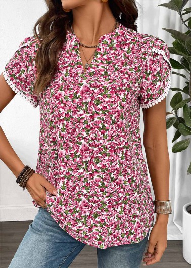 Modlily Hot Pink Floral Print Tummy Coverage Short Sleeve Blouse - M