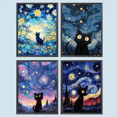 Starry Sky Cat Pattern DIY Diamond Art Painting Without Frame, 4 Counts DIY 5D Diamond Arts Painting Kit, Wall Art Decor For ...