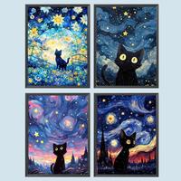 Starry Sky Cat Pattern DIY Diamond Art Painting Without Frame, 4 Counts DIY 5D Diamond Arts Painting Kit, Wall Art Decor For ...
