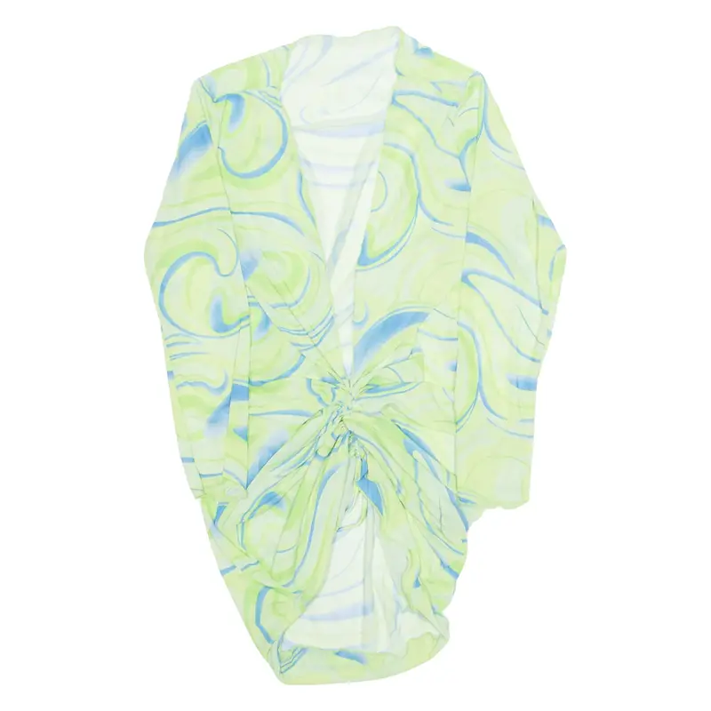 Sheer Womens Printed Top Green V-Neck Long Sleeve Crazy Pattern M