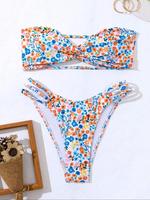 Two-Piece Set Women's Ditsy Floral Print Cut Out Bikinis for Summer 2024, Twist Bandeau Bikini Top & High Cut Swim Bottom, W...