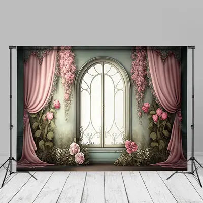 Pink Floral Green Wall Window Floor Photo Backdrop - Aperturee