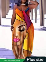 【Plus Size】 Multicolor Figure Print Pocket Backless Cami Dress, Boho Sleeveless Spaghetti Strap Long Dress for Beach Holi...