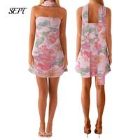 Women Romantic Lavender Floral Print Mini Dress, Strapless Backless Flower/solidFit Summer Tube Dress Formal Cocktail Beachwe...