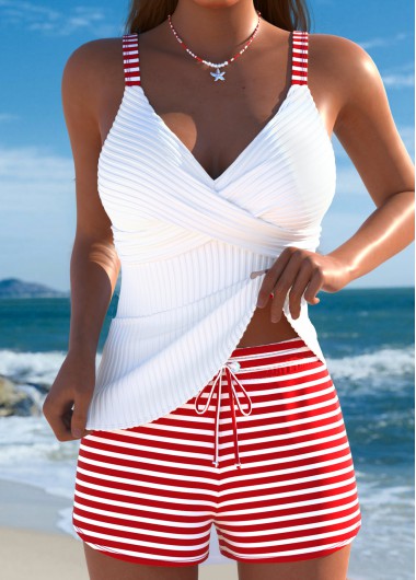 Modlily White Mid Waisted Striped Tankini Set - L
