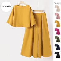 KatchMe Women's Elegant Half Sleeve Loose Crop Top & Plicated Wide Leg Trousers Co-ord, Versatile Solid Color Side Pocket Two...