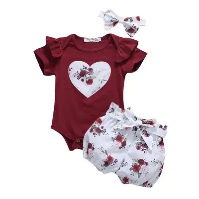 Newborn Baby Girl Clothes Ruffle Short Sleeve Romper + Floral Shorts + Headband 3PCS Outfits Set