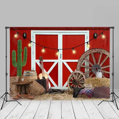 Red Wooden Cowboy Cacyus Birthday Photo Backdrop - Aperturee