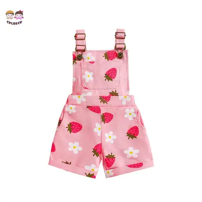Little Girl Denim Overalls Flower/Strawberry Print Jeans Overalls Strap Suspender Shorts Outfit