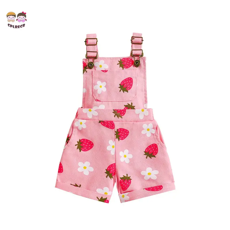 Little Girl Denim Overalls Flower/Strawberry Print Jeans Overalls Strap Suspender Shorts Outfit