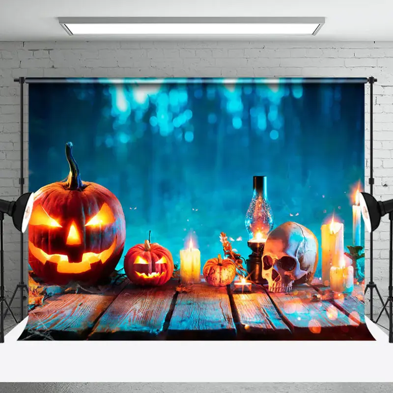 Aperturee Spooky Pumpkin Skull Candlelight Halloween Backdrop - Aperturee