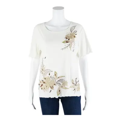 DAMART Beaded Stretch Top White Floral Short Sleeve Womens L