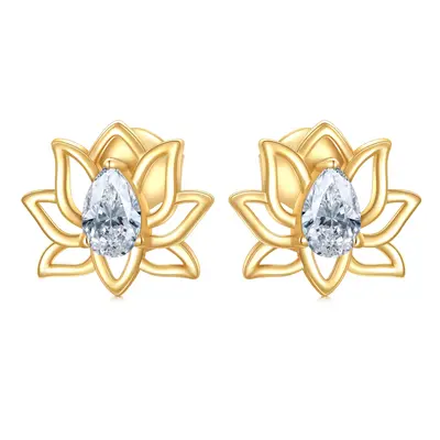 14K Gold Cubic Zirconia Lotus Stud Earrings