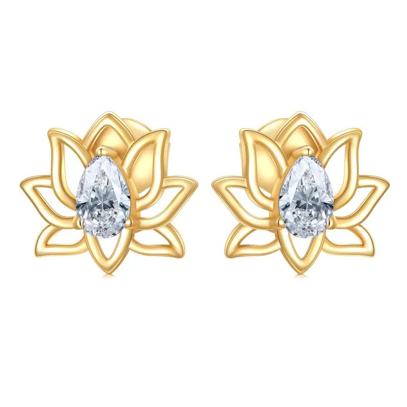 14K Gold Cubic Zirconia Lotus Stud Earrings