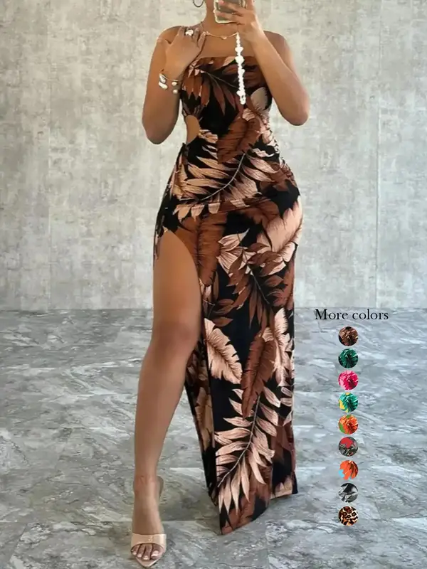 Women's Leaf Print Split Thigh Bodycon Dress, No Drawers Sundress, Mufti Clothes, Fit Sleeveless Cut Out Ruched Maxi Sun Dres...