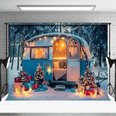 Festive Blue White Camper Van Winter Forest Backdrop - Aperturee