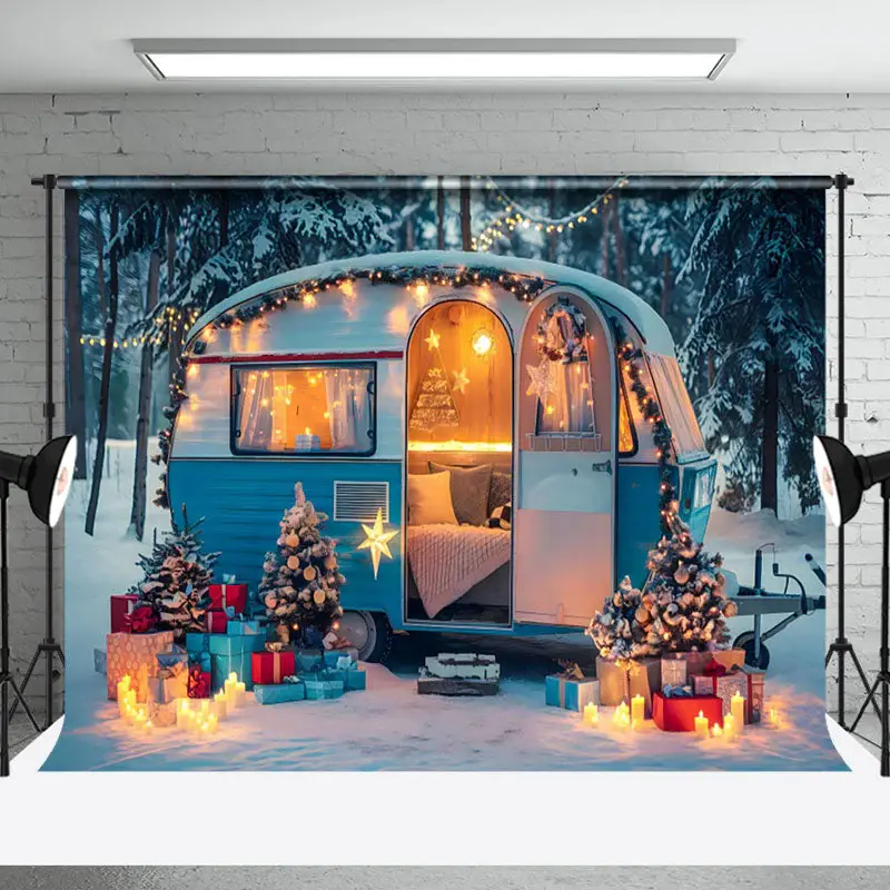 Festive Blue White Camper Van Winter Forest Backdrop - Aperturee