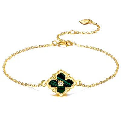 14K Gold Cubic Zirconia & Malachite Four Leaf Clover Charm Bracelet