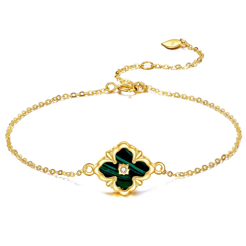 14K Gold Cubic Zirconia & Malachite Four Leaf Clover Charm Bracelet