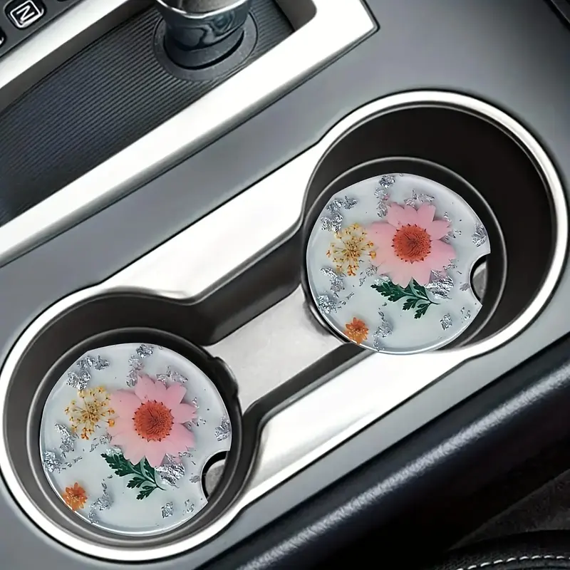 Flower Pattern Car Coaster, Round Anti-slip Cup Holder Decorative Cup Mat, Car Cup Holder Protective Coaster For Car Gift, Ca...