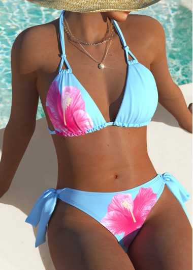Modlily Mid Waisted Floral Print Light Blue Bikini Set - XL