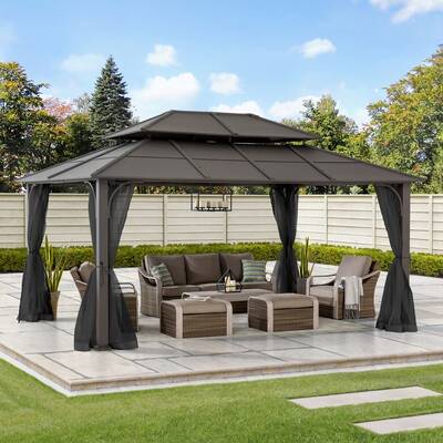SUNJOY 12x16 Hard Top Gazebo with Steel Roof, Ceiling Hook, and Netting - Brown