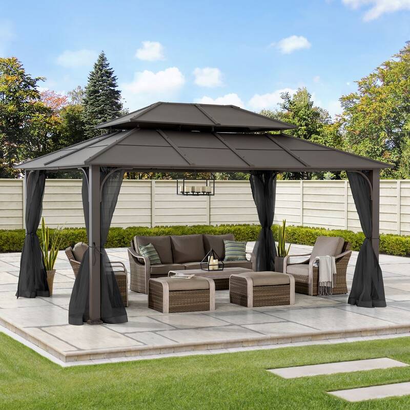 SUNJOY 12x16 Hard Top Gazebo with Steel Roof, Ceiling Hook, and Netting - Brown