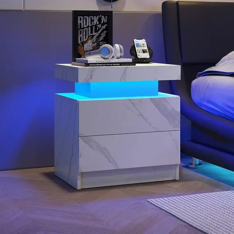 [Bellemave]Nightstand LED Bedside Table Cabinet Lights Modern End Side with 2 Drawers for Bedroom (White Stone)