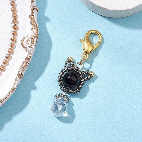 Natural Black Onyx & Glass Seed Beaded Cat Pendant Decoration