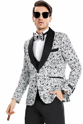 Vintage Splatter Print Prom Tuxedo - Men's One Button Vested Shawl Lapel in Silver Grey