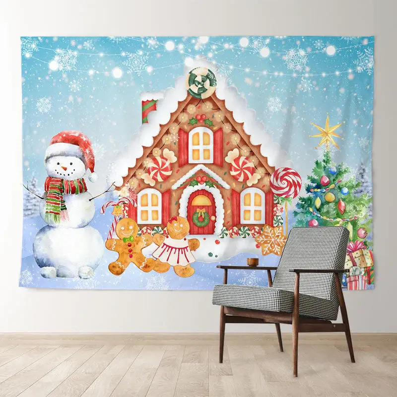 Aperturee Snowy Ginger House Blue Sky Christmas Backdrop