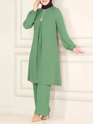 Fashion Women's Solid Color Long Shirt Baju Muslimah Set Seluar
