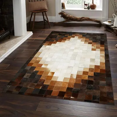 Dark Brown & Beige Cowhide Ombre Patchwork Rug