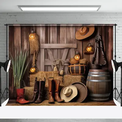 Aperturee Western Cowboy Haystack Wood Wall Boots Backdrop - Aperturee