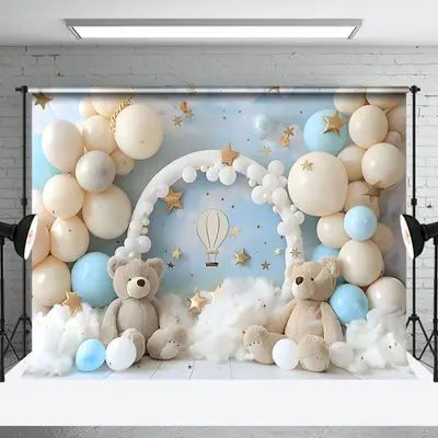 Aperturee Beige Balloon Arch Bear Blue Sky Cake Smash Backdrop, 3X2FT(1MX0.6M), 14 USD, birthday cake smash backdrops, NYHD1I...