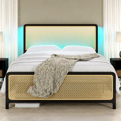 AMERLIFE Queen Size Bed Frame with Metal Rattan Headboard and Footboard, Queen Platform Bed Frame with LED Lighted Headboard